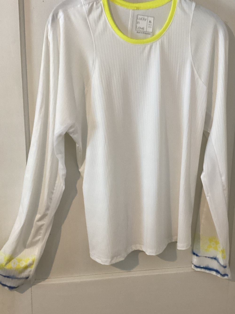 Lucky in Love White Long Sleeve Tee with Neon Yellow Trim NWOT